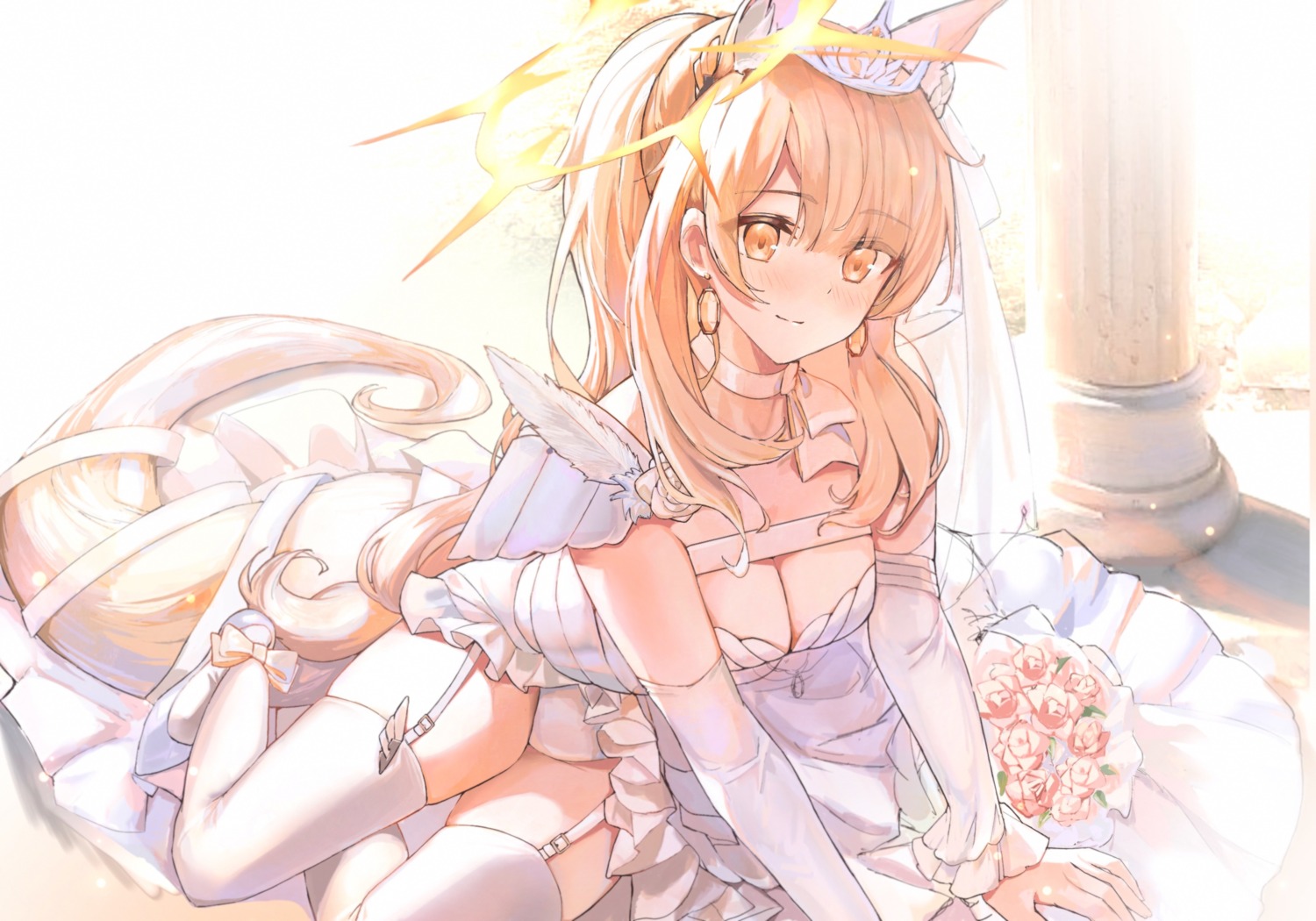 animal_ears arknights dress jpeg_artifacts lims_(neko2lims) pantsu skirt_lift stockings tail thighhighs wedding_dress