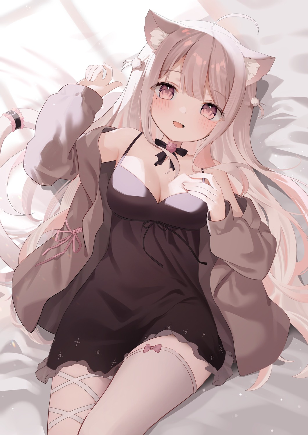 animal_ears dress garter indie_virtual_youtuber nekomimi no_bra setokane tail thighhighs uise_iu