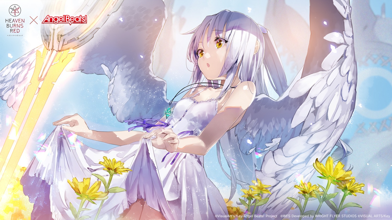 angel_beats! dress heaven_burns_red skirt_lift summer_dress tachibana_kanade wallpaper wings yuugen