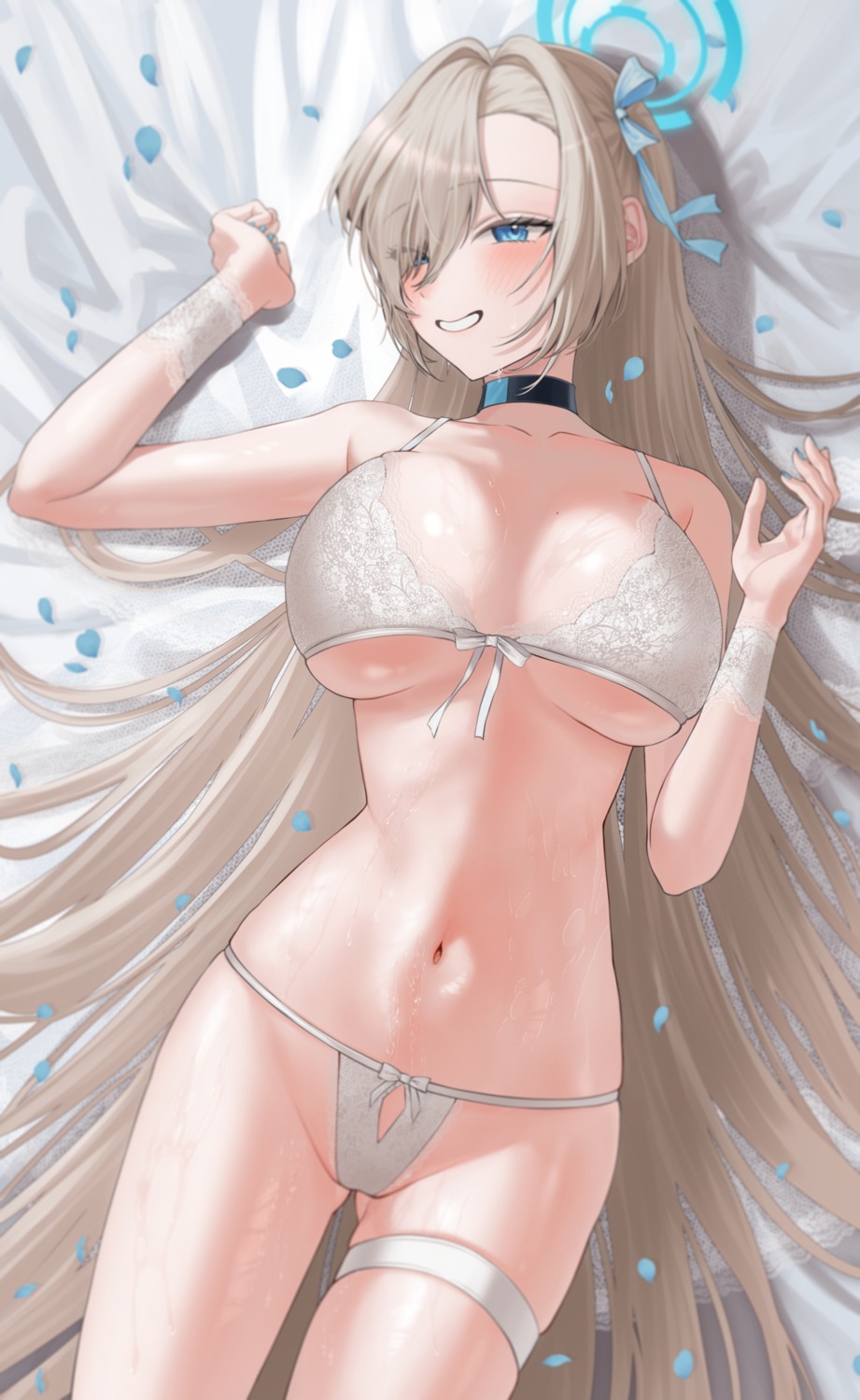 blue_archive bra garter halo ichinose_asuna meraring pantsu thong wet