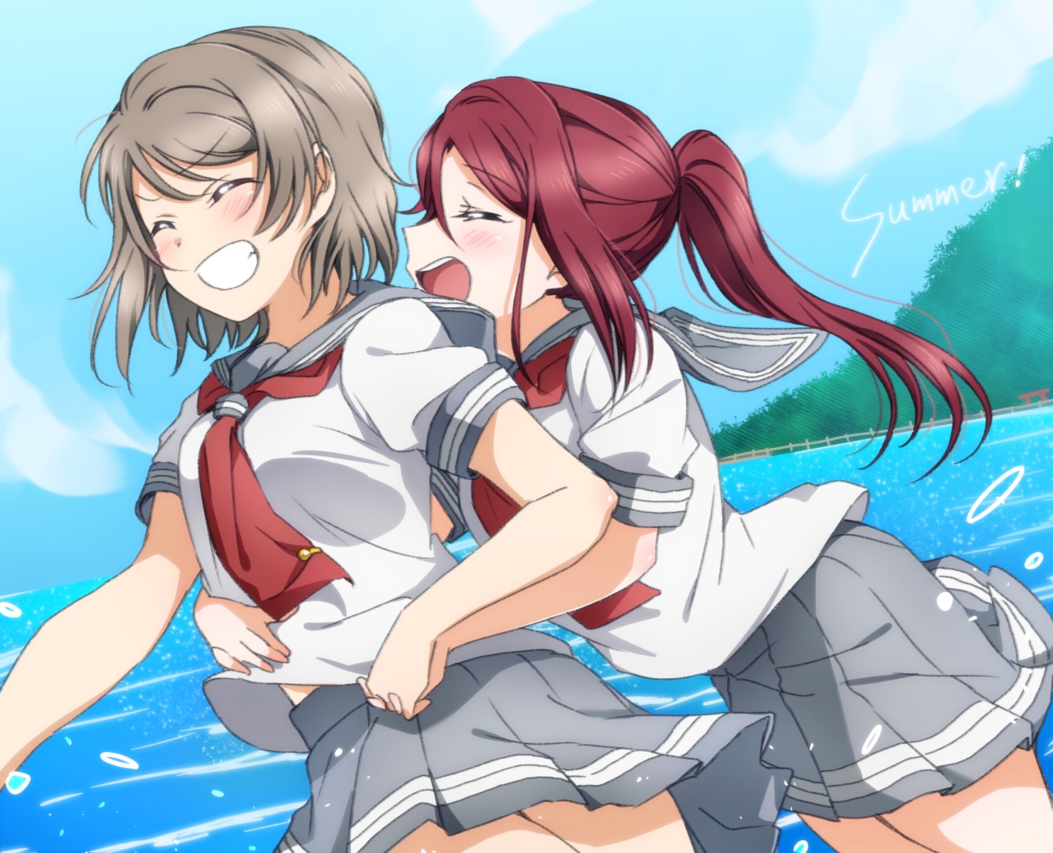 love_live!_sunshine!! sakurauchi_riko seifuku skirt_lift watanabe_you wet yuchi_(salmon-1000) yuri