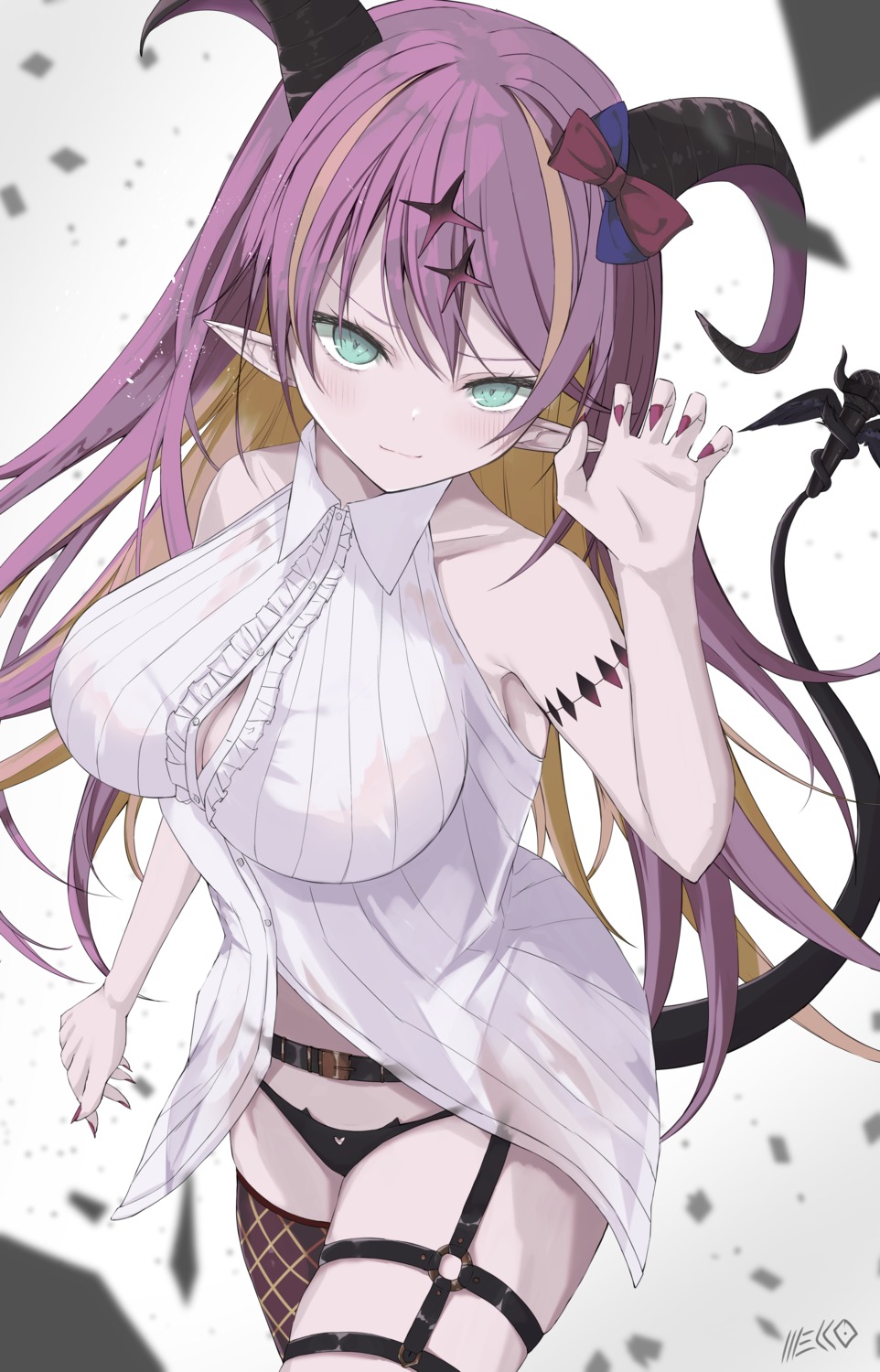 cleavage fishnets garter hololive horns mano_aloe mello. no_bra pantsu pointy_ears tail thighhighs
