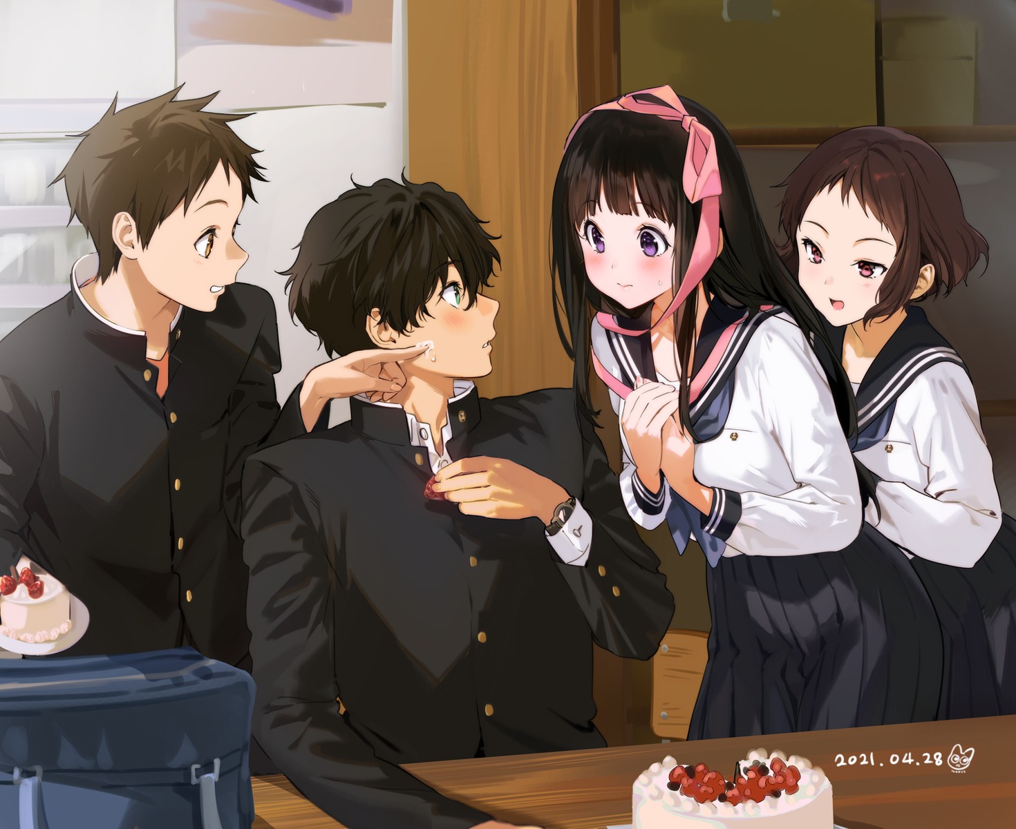 chitanda_eru cream fukube_satoshi hyouka ibara_mayaka mery_(yangmalgage) oreki_houtarou seifuku