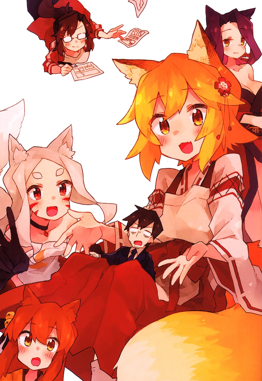 animal_ears business_suit japanese_clothes kitsune loli megane miko nakano_(sewayaki_kitsune_no_senko-san) no_bra rimukoro senko-san sewayaki_kitsune_no_senko-san shiro_(sewayaki_kitsune_no_senko-san) tail yozora_(sewayaki_kitsune_no_senko-san)