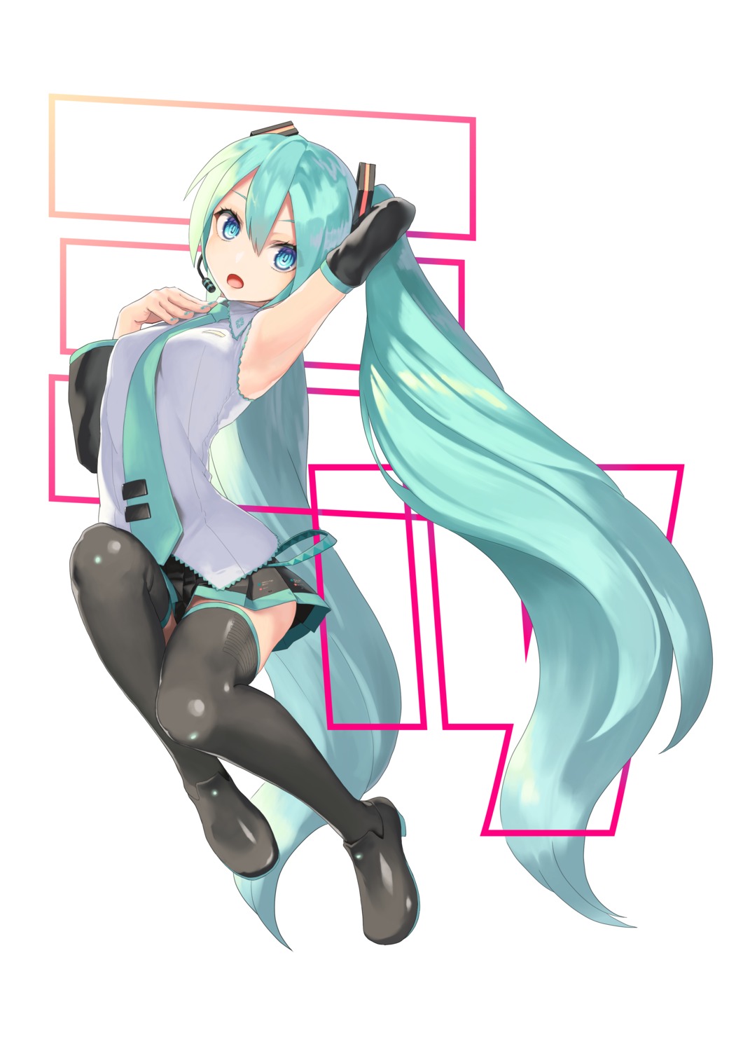 hatsune_miku rsk_(tbhono) skirt_lift thighhighs vocaloid