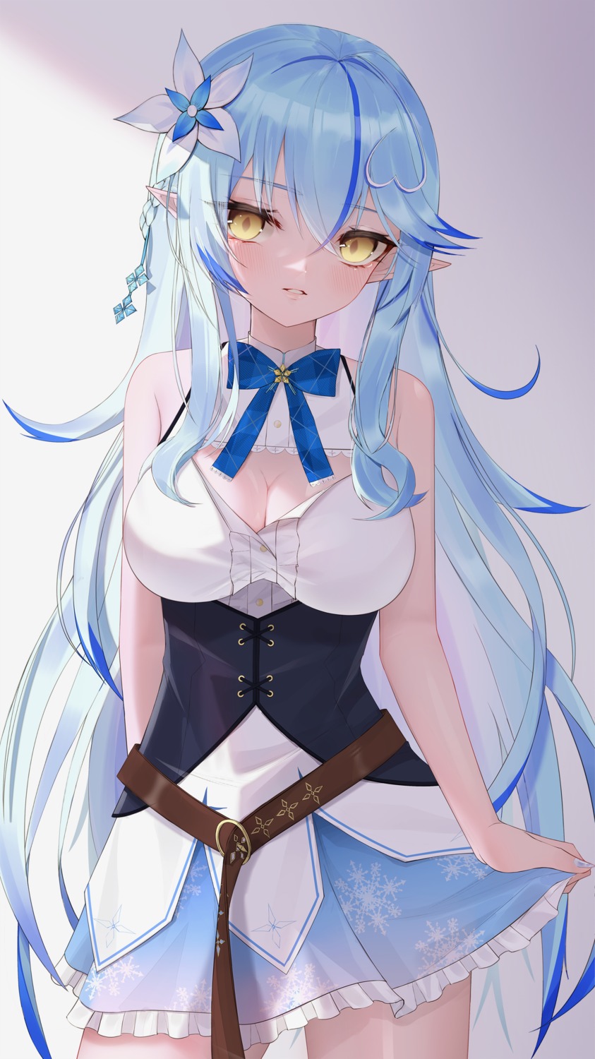 cleavage elf hololive pointy_ears skirt_lift thomas_8000 yukihana_lamy