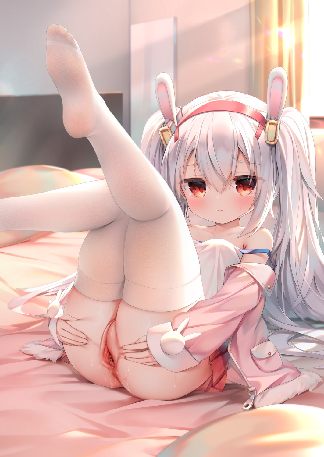 animal_ears azur_lane bunny_ears chen_bin feet laffey_(azur_lane) loli nopan pussy pussy_juice skirt_lift thighhighs uncensored