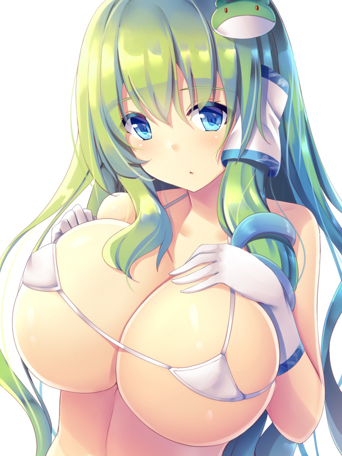 bikini_top breast_hold erect_nipples kochiya_sanae liya swimsuits touhou