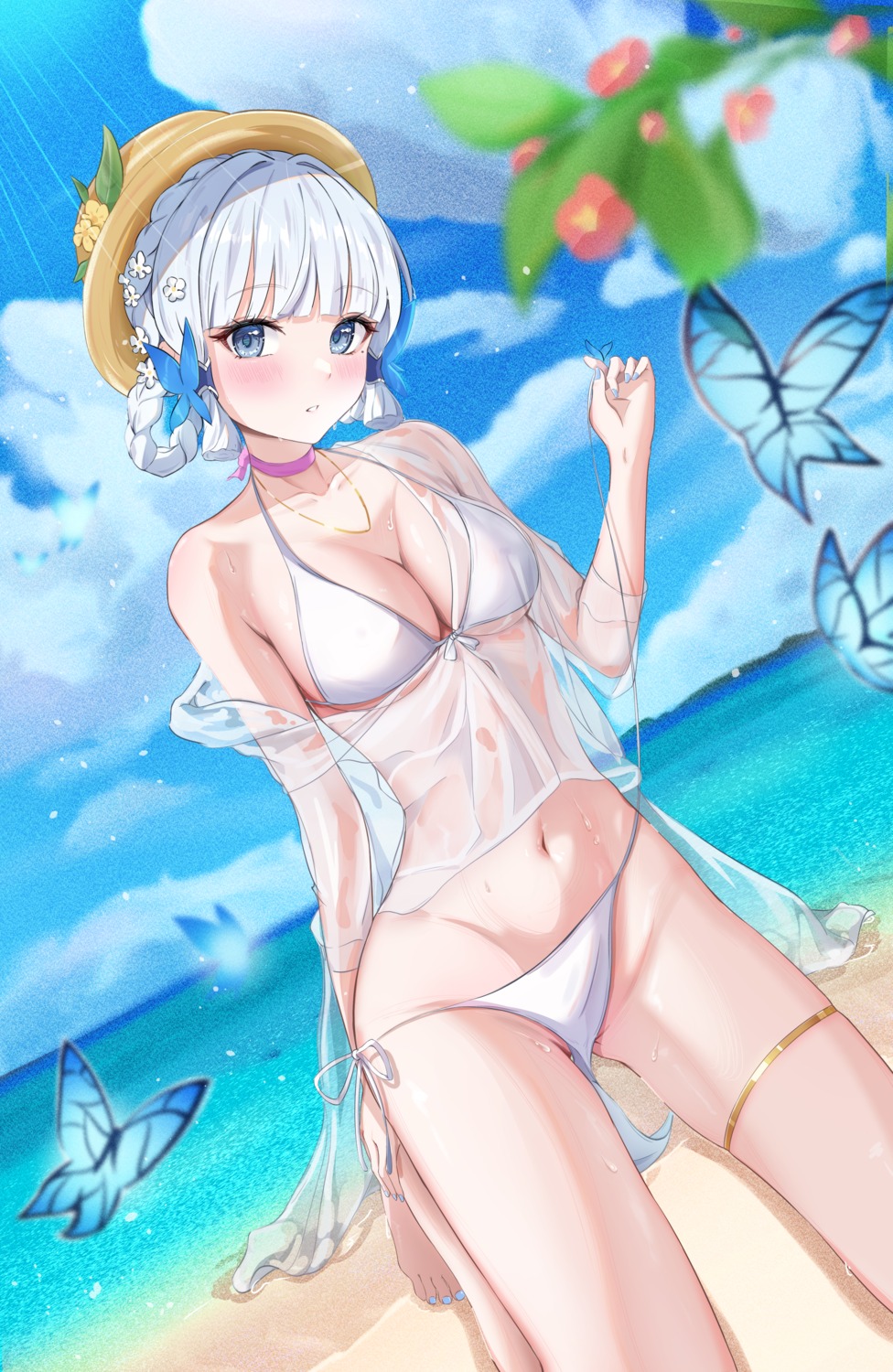 bikini garter genshin_impact kamisato_ayaka mj_(xmj0309) open_shirt see_through swimsuits thong undressing