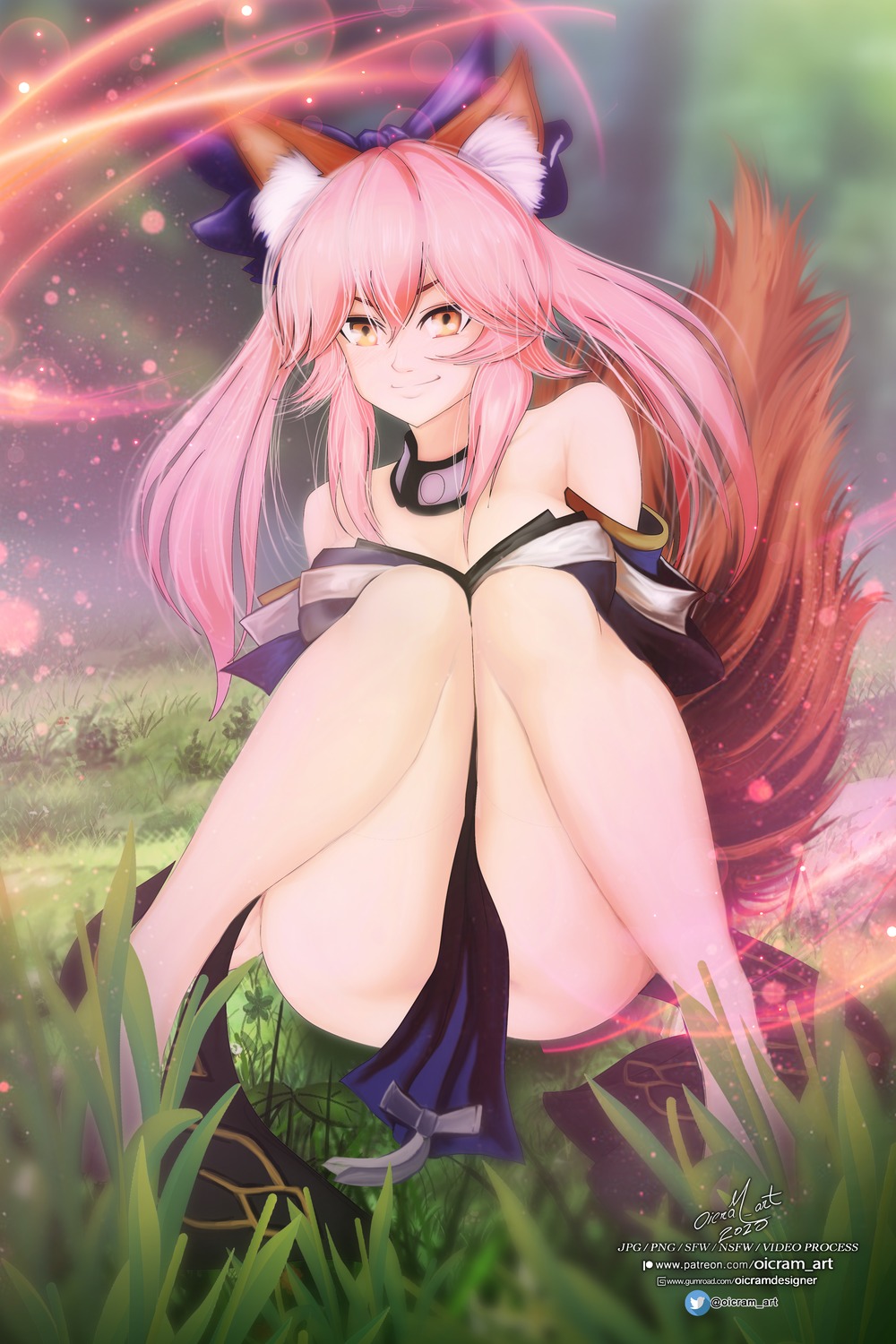 animal_ears fate/grand_order japanese_clothes kitsune no_bra oicram_art tail tamamo_no_mae