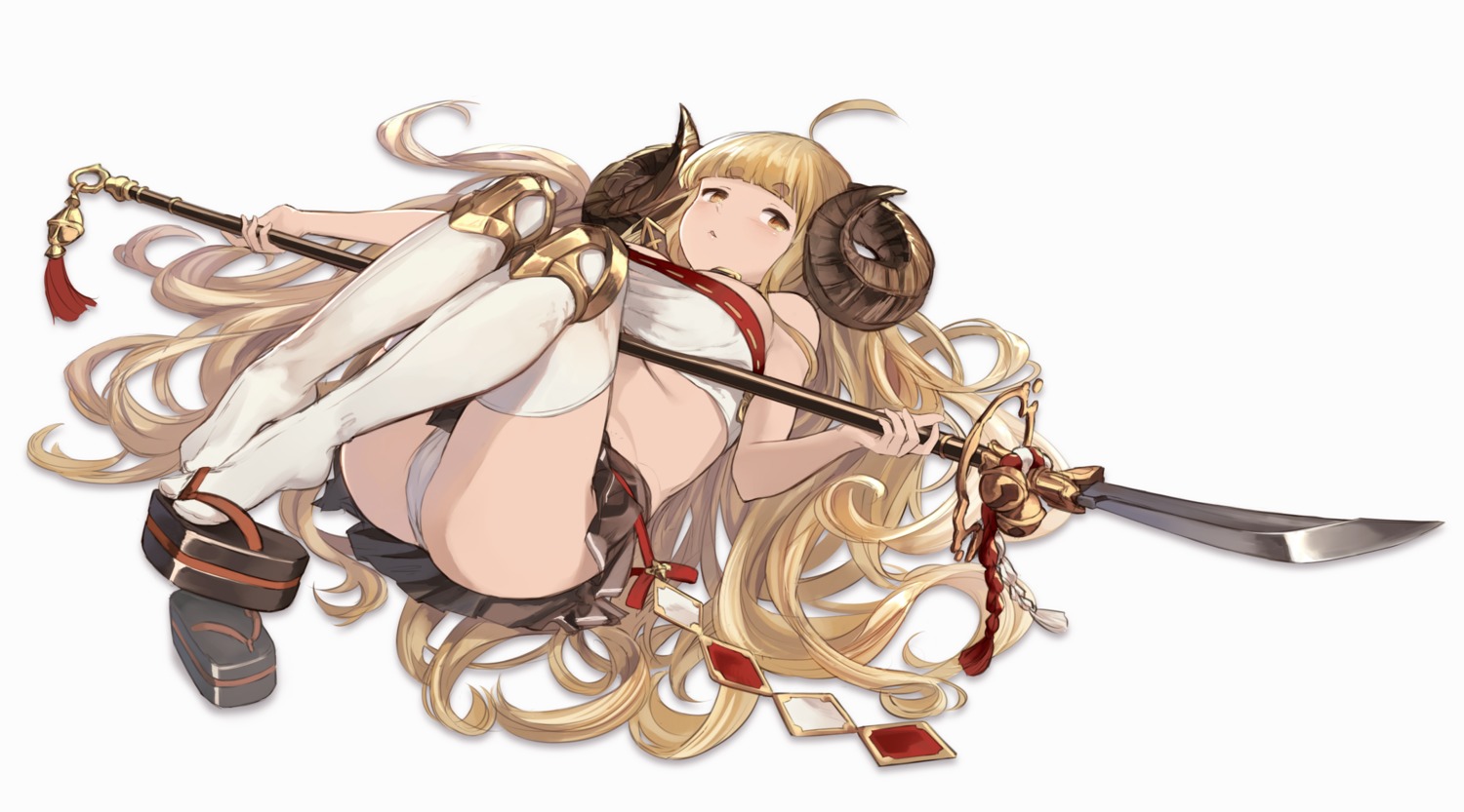 anira_(granblue_fantasy) cameltoe cleavage granblue_fantasy horns pantsu thighhighs u_suke weapon