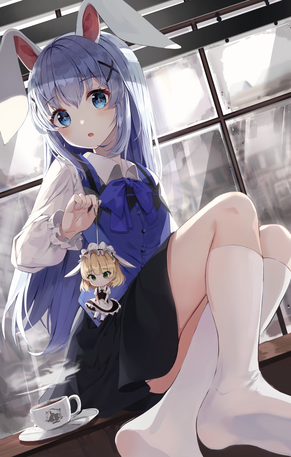 animal_ears animal_ears_(artist) bunny_ears chibi gochuumon_wa_usagi_desu_ka? kafuu_chino kirima_sharo maid skirt_lift waitress