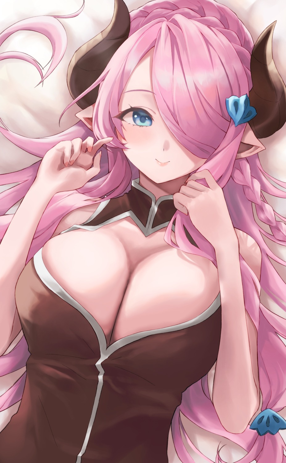 cleavage granblue_fantasy horns huziko32 narumeia_(granblue_fantasy) no_bra open_shirt pointy_ears