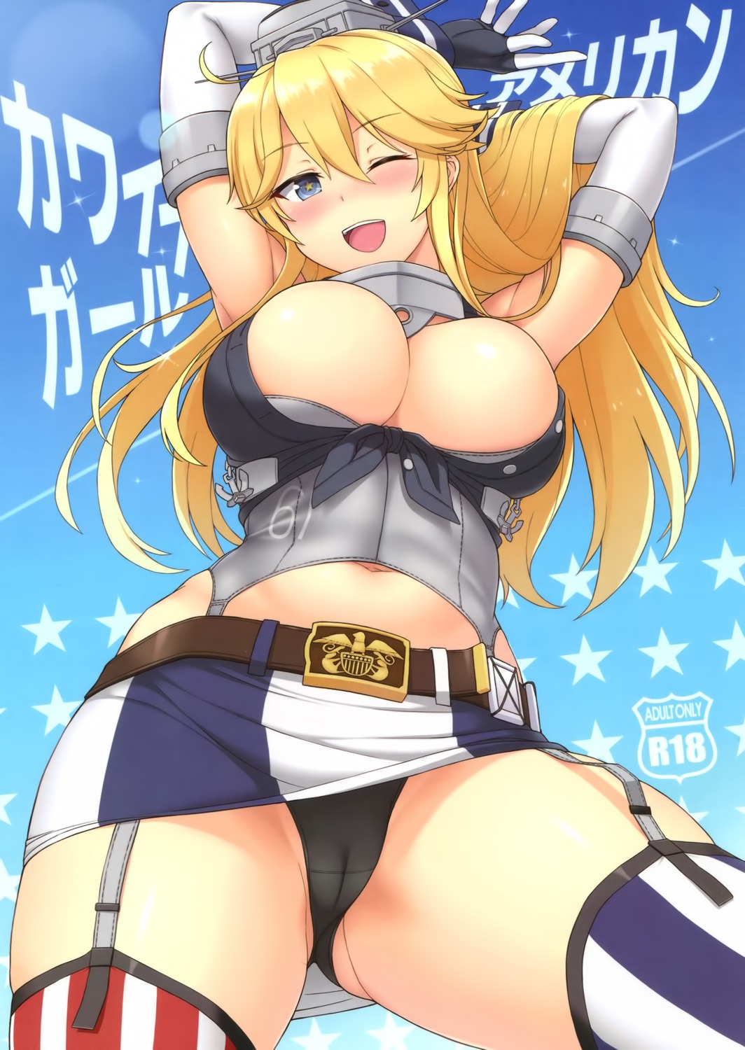 cameltoe cleavage iowa_(kancolle) kantai_collection no_bra open_shirt pantsu sama_samasa stockings thighhighs