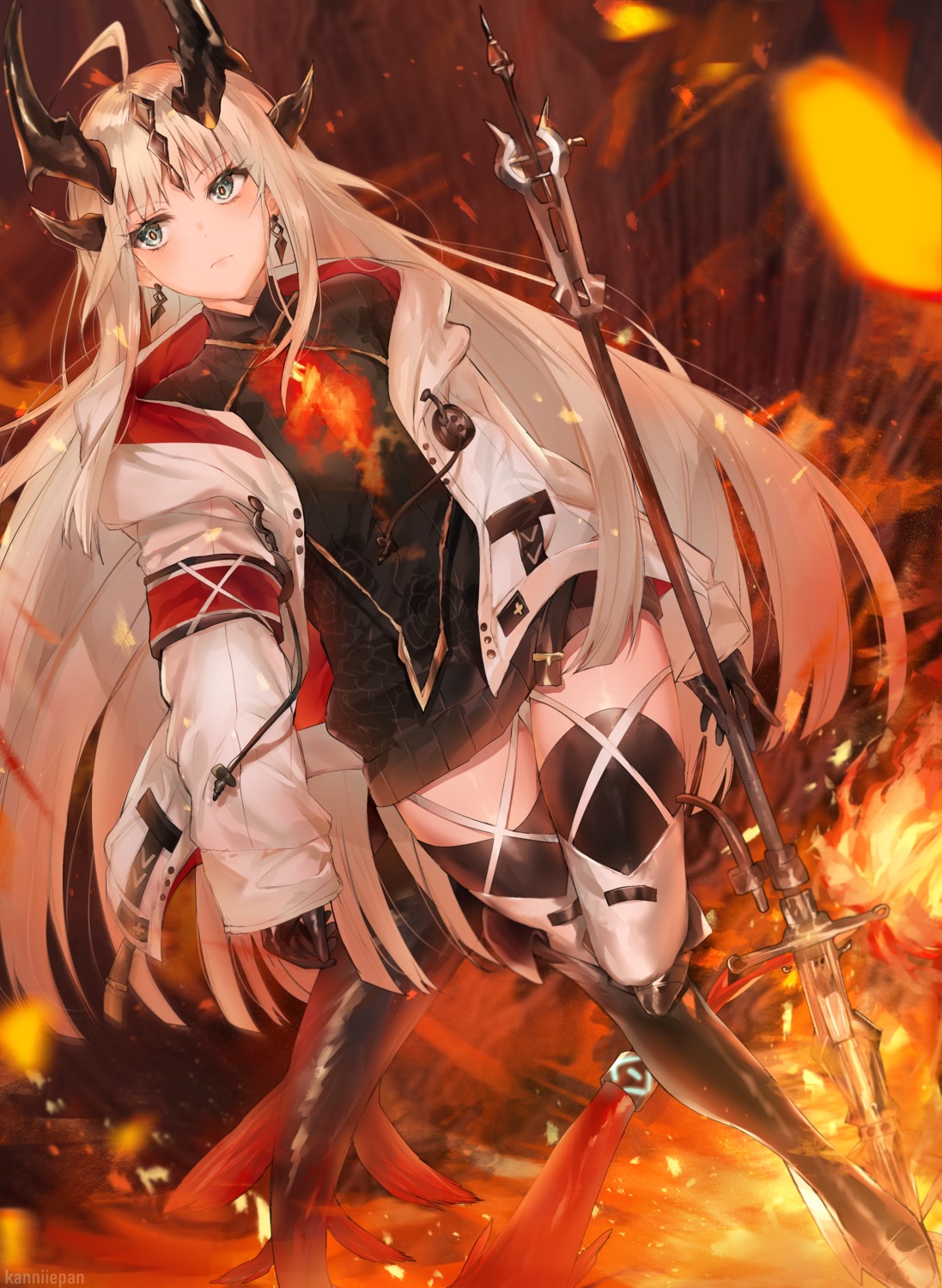 arknights horns kanniiepan reed_(arknights) sweater tail thighhighs weapon