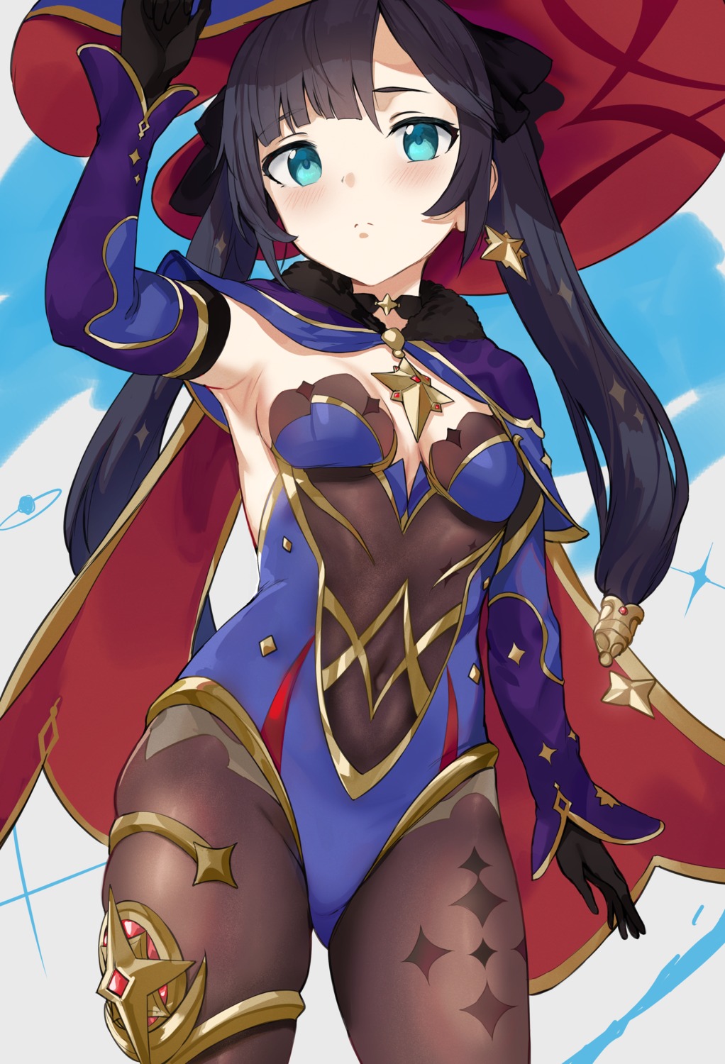 cleavage garter genshin_impact hews leotard mona_megistus no_bra see_through witch