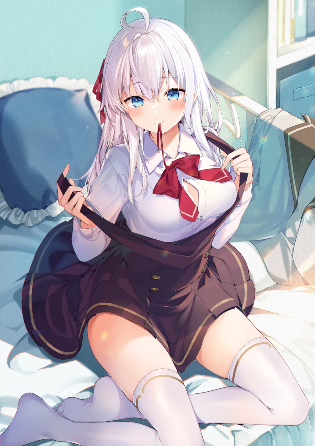 alisa_mikhailovna_kujou cleavage mishima_kurone open_shirt seifuku skirt_lift thighhighs tokidoki_bosotto_roshia-go_de_dereru_tonari_no_alya-san undressing