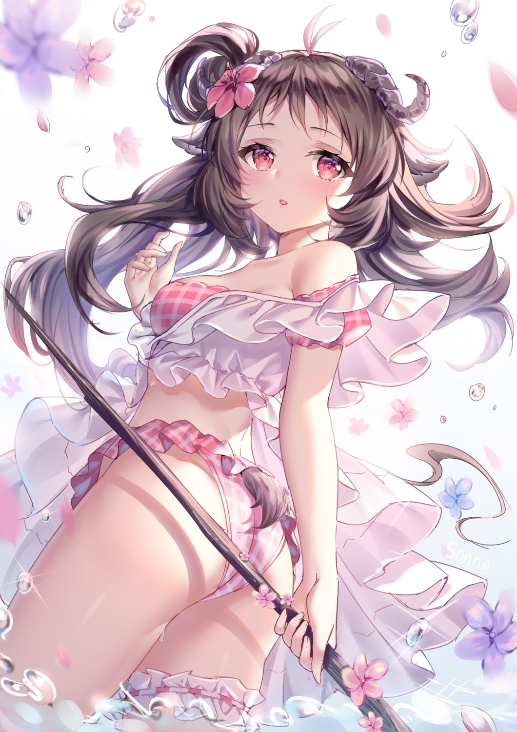 animal_ears arknights ass bikini eyjafjalla_(arknights) garter horns open_shirt sannio skirt_lift swimsuits tail wet