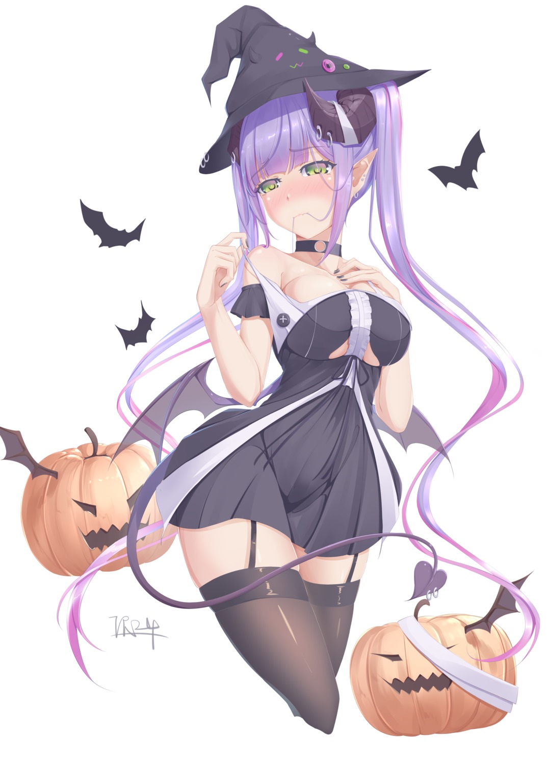 dress halloween hololive horns no_bra stockings tail thighhighs tokoyami_towa tr24 undressing wings witch