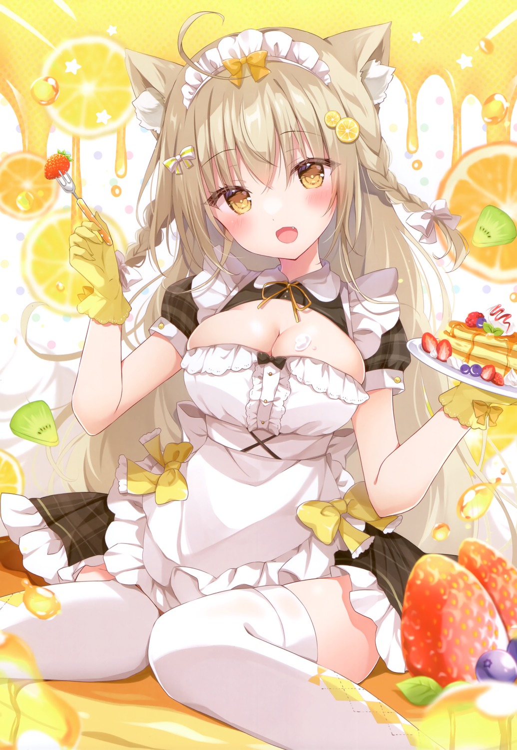 animal_ears cream maid nekomimi no_bra picpicgram thighhighs