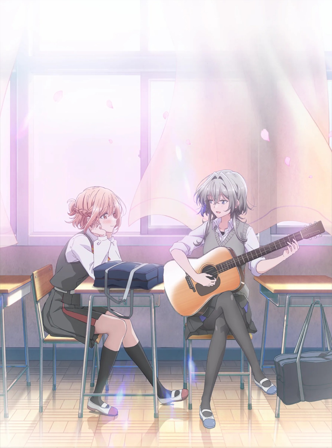 asanagi_yori guitar kino_himari pantyhose sasayaku_you_ni_koi_wo_utau seifuku skirt_lift sweater tagme yuri