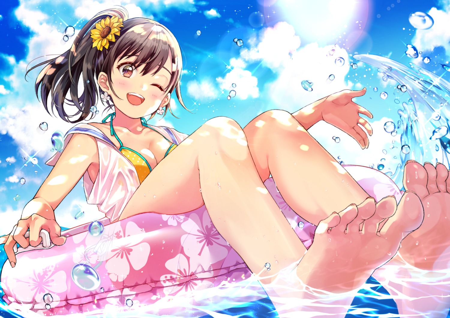 bikini_top cleavage feet matsuzaki_miyuki open_shirt seifuku swimsuits wet wet_clothes