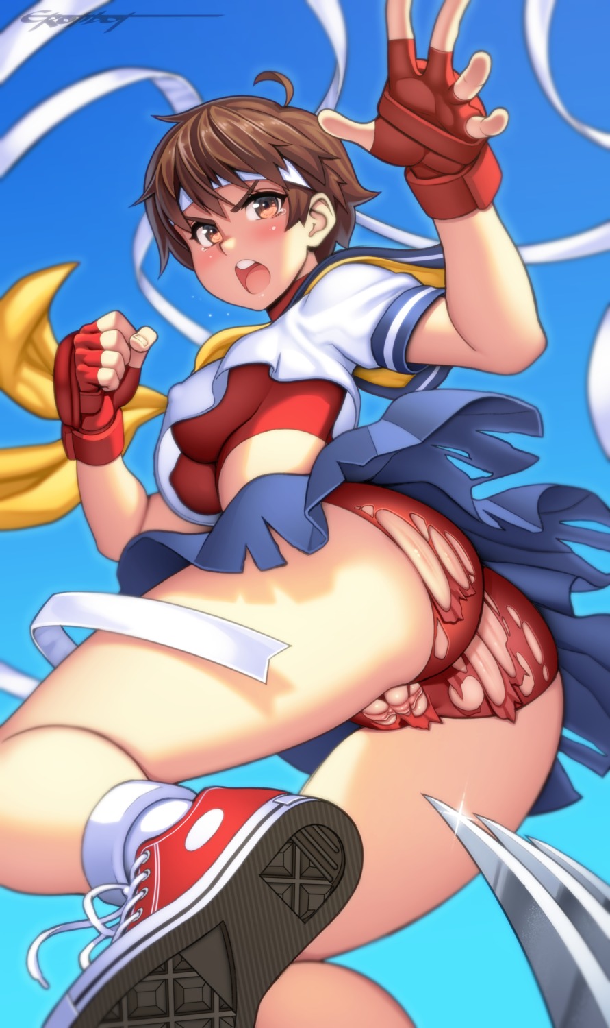 ass bike_shorts erect_nipples erotibot kasugano_sakura pantsu pussy seifuku skirt_lift street_fighter torn_clothes uncensored weapon