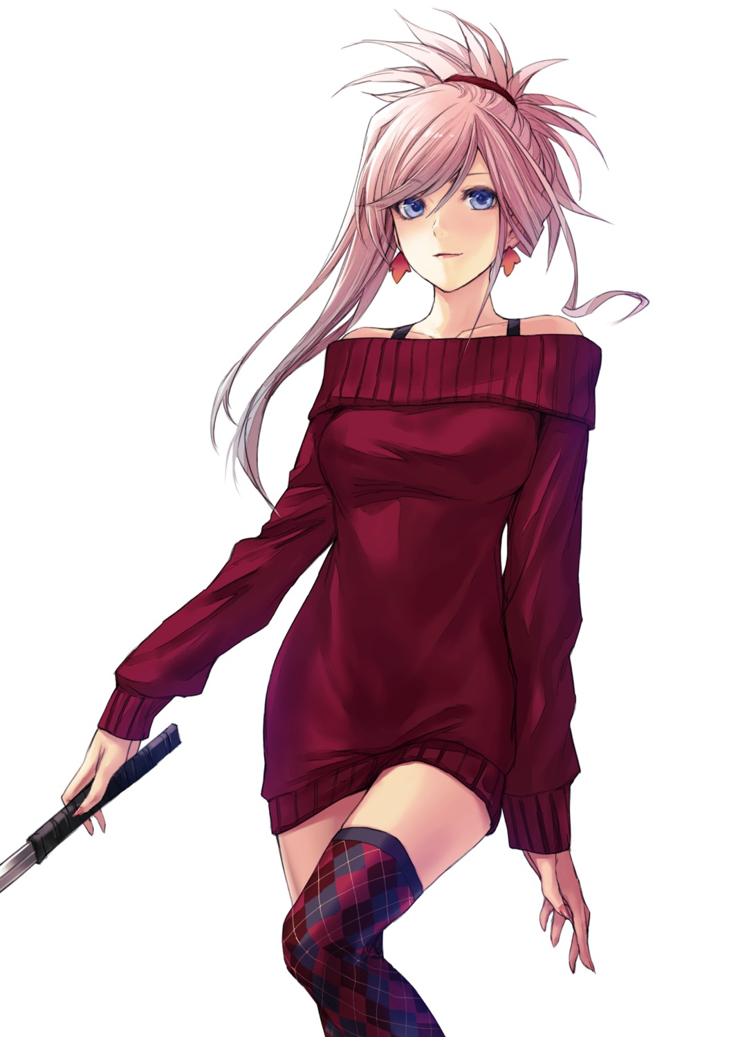 applekun dress fate/grand_order miyamoto_musashi_(fate/grand_order) sweater sword thighhighs