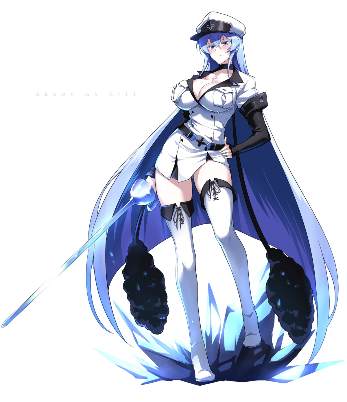 akame_ga_kill! cleavage esdeath halcon sword tattoo thighhighs uniform