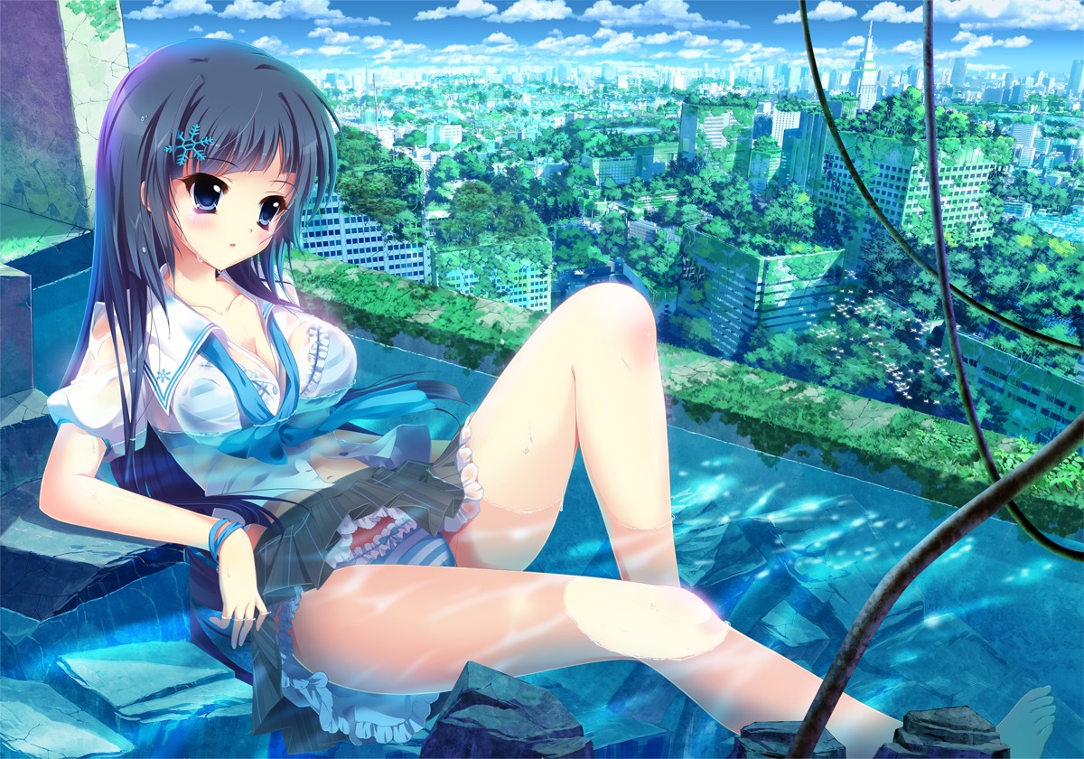 bra cleavage ichi_rin landscape pantsu see_through shimapan wet_clothes