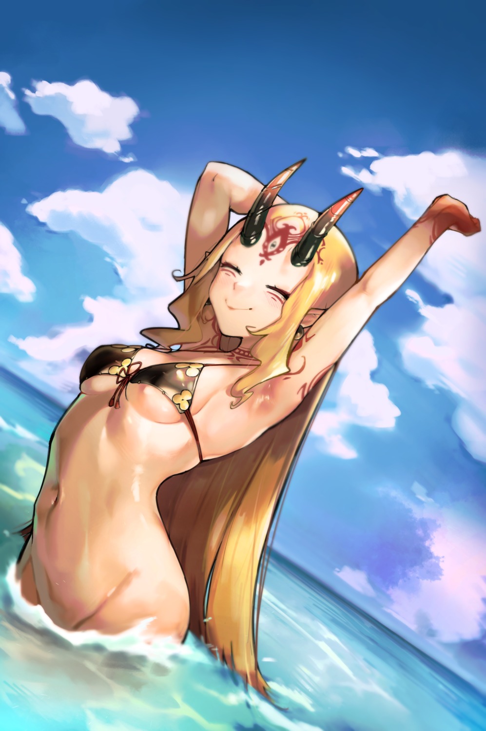 bikini_top bottomless fate/grand_order horns ibaraki_douji_(fate/grand_order) pointy_ears roropull swimsuits tattoo wet