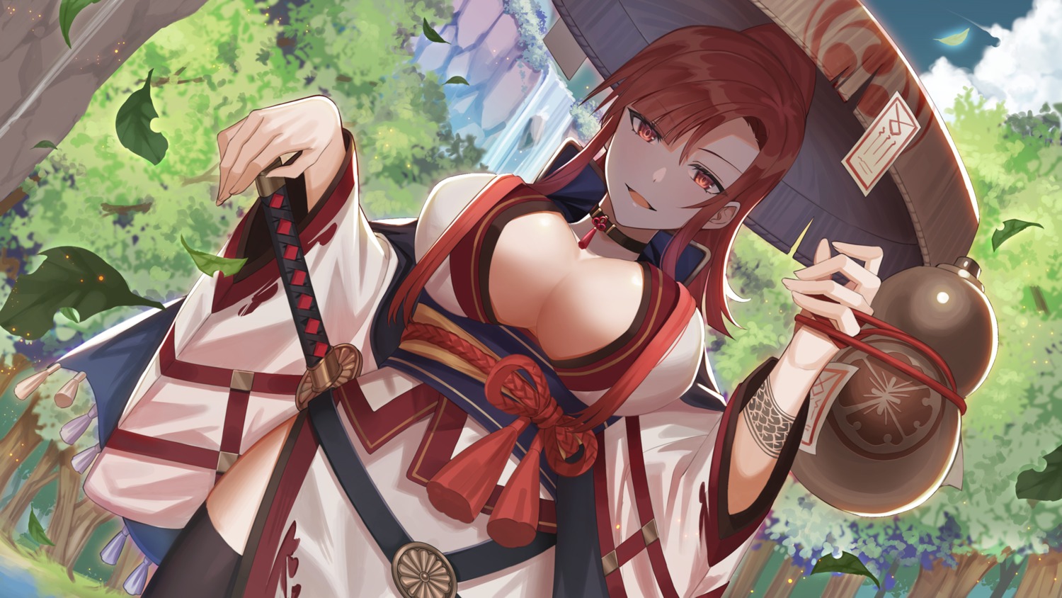 amahara_subaru cleavage japanese_clothes no_bra open_shirt sword thighhighs