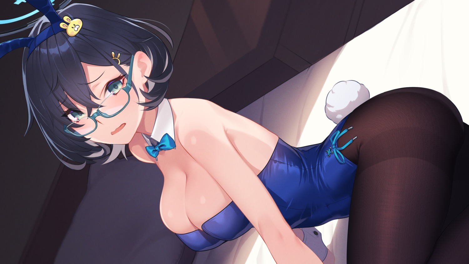 animal_ears blue_archive bunny_ears bunny_girl halo hikichi_sakuya kagami_chihiro megane no_bra pantyhose tail