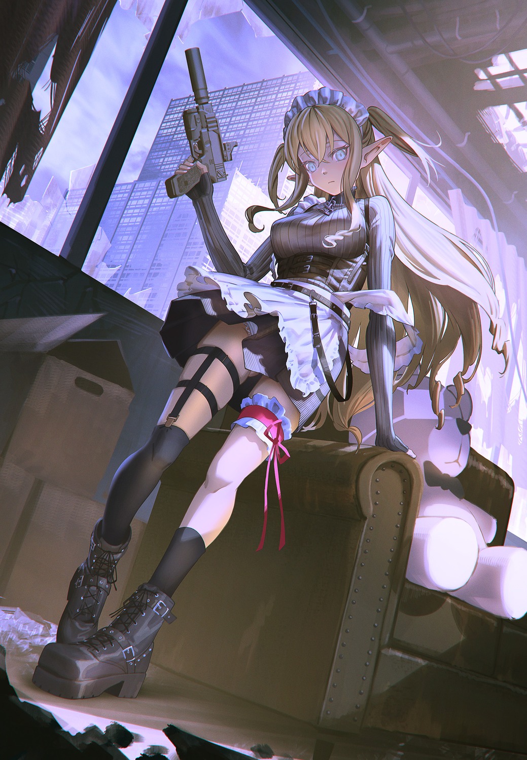 garter gun maid pantsu pointy_ears skirt_lift stockings thighhighs