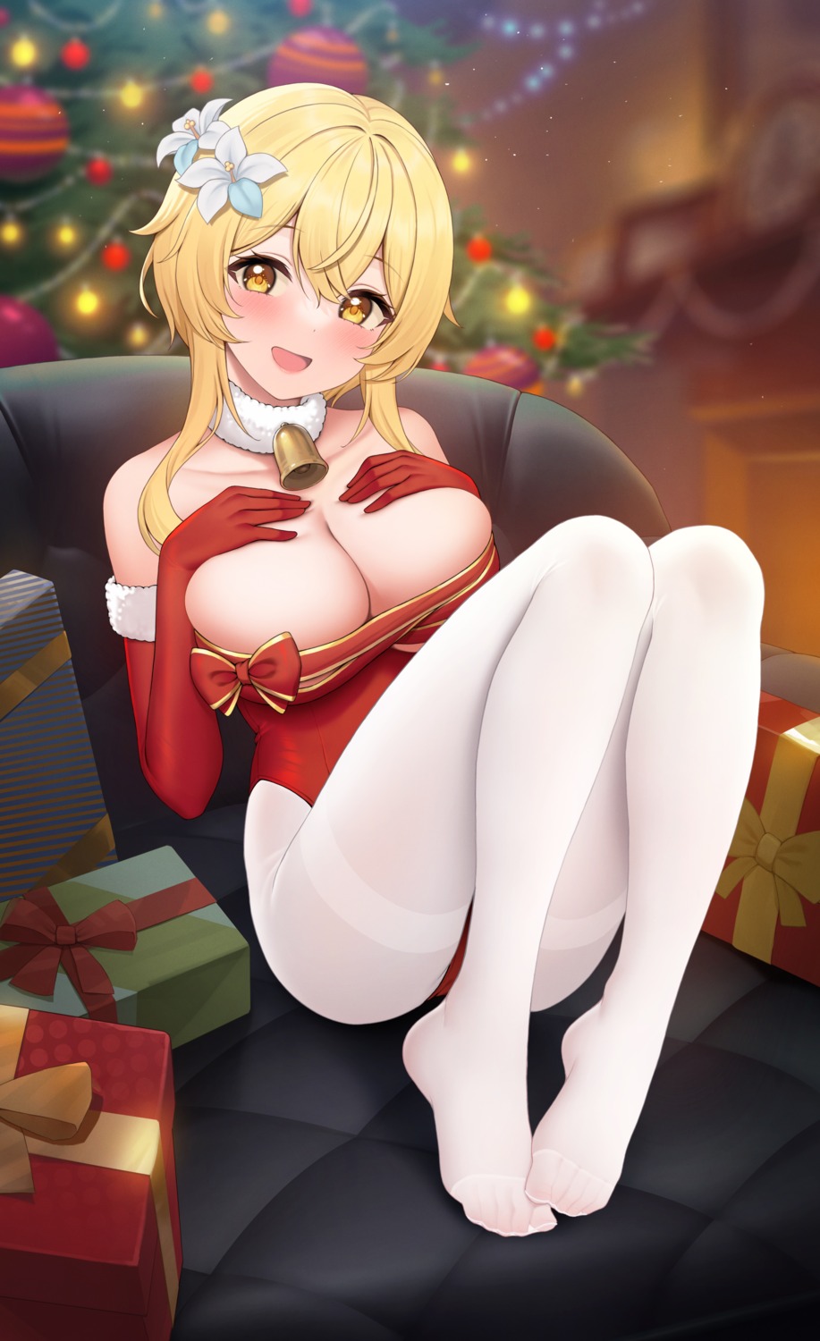 breast_hold cameltoe christmas feet fukuro_ko_(greentea) genshin_impact leotard lumine no_bra pantyhose