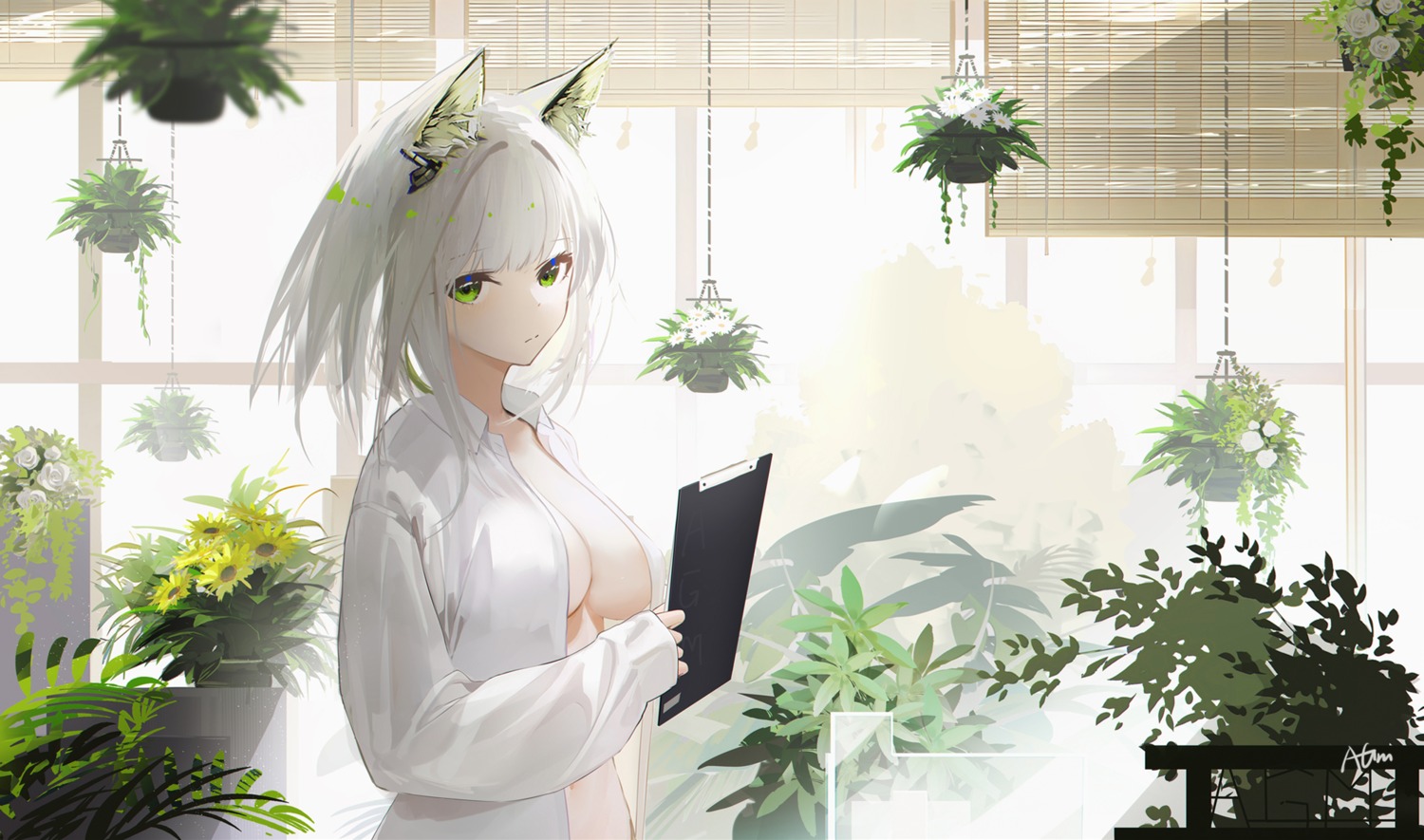 animal_ears arknights dress_shirt kal'tsit_(arknights) no_bra omone_hokoma_agm open_shirt