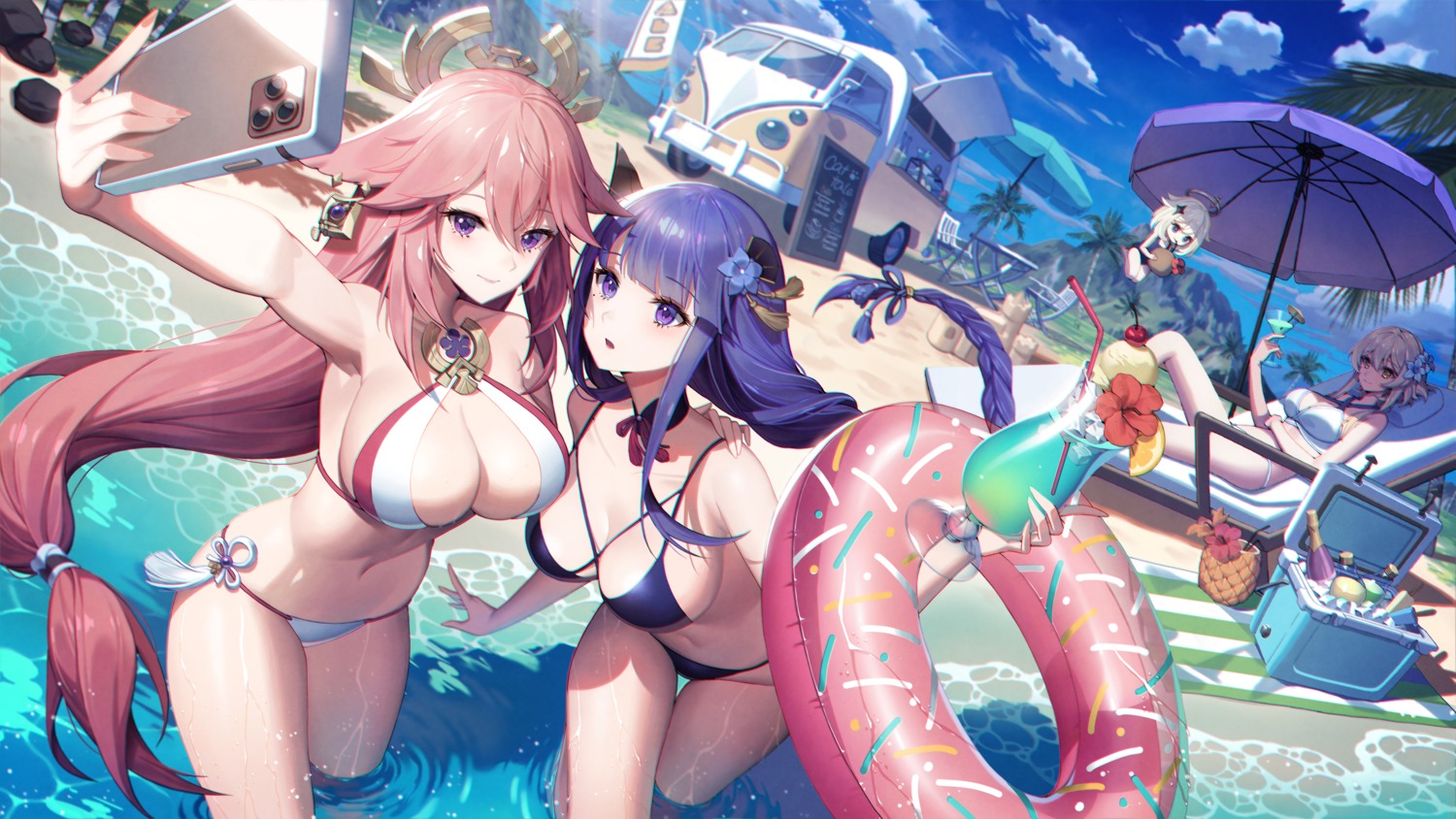 animal_ears bikini genshin_impact kitsune lemonpear lumine paimon raiden_shogun selfie swimsuits wet yae_miko