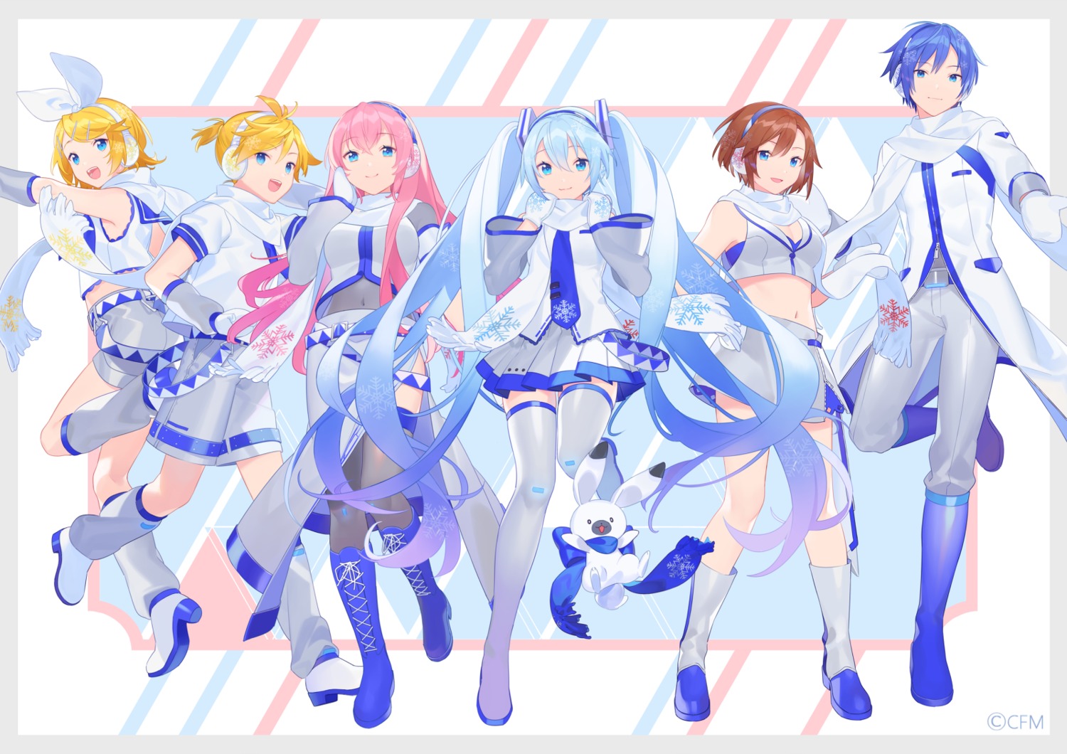 cleavage hatsune_miku heels heiwa_(murasiho) kagamine_len kagamine_rin kaito megurine_luka meiko thighhighs uniform vocaloid yuki_miku