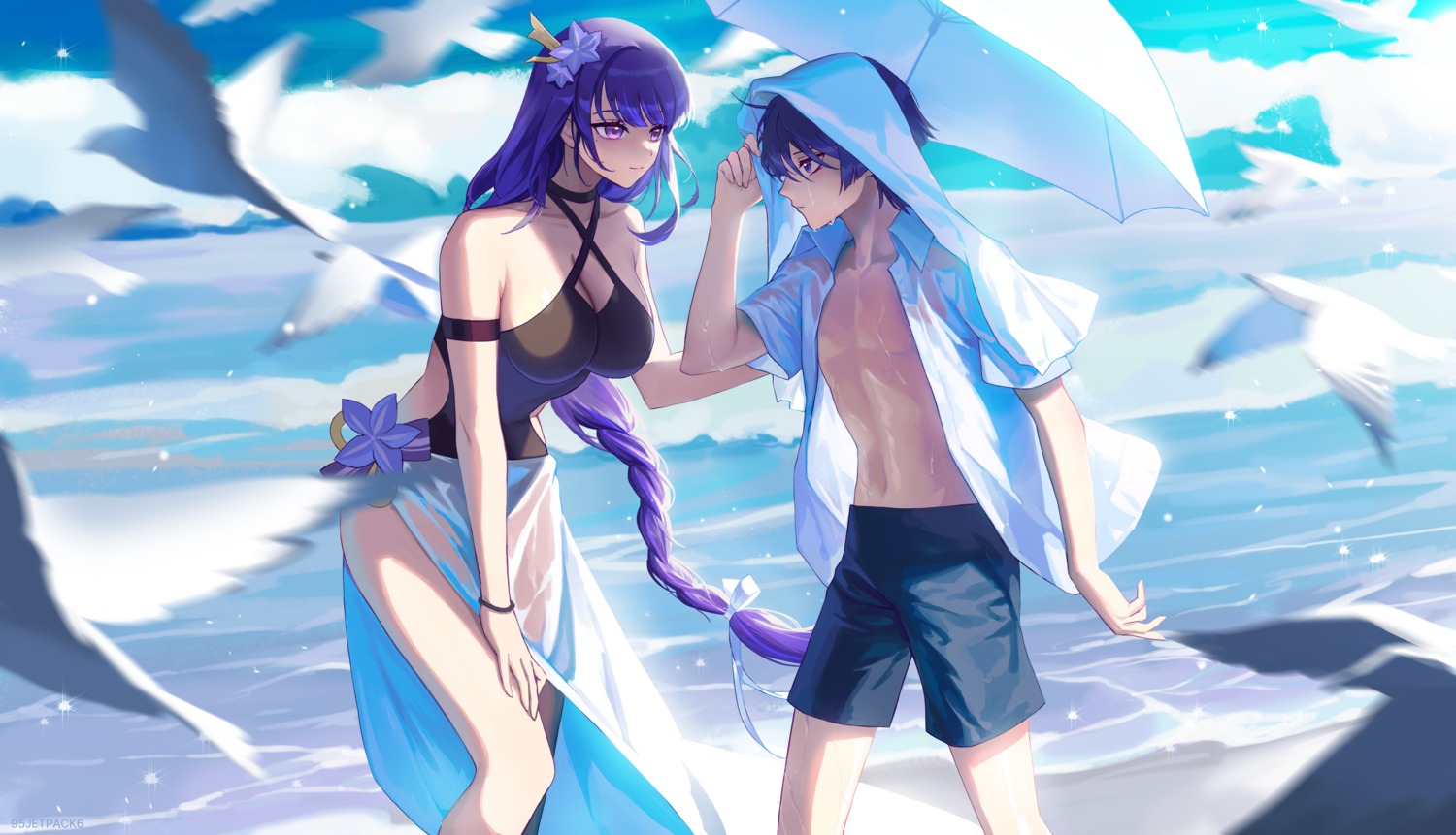 cleavage genshin_impact nkem open_shirt raiden_shogun scaramouche see_through swimsuits umbrella wanderer_(genshin_impact) wet wet_clothes