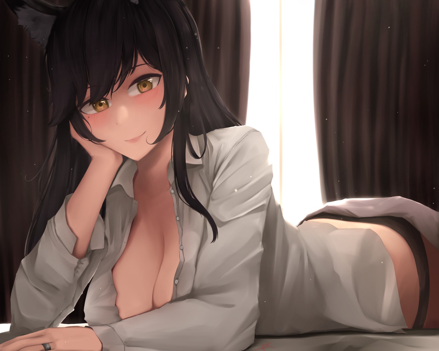 animal_ears atago_(azur_lane) azur_lane cleavage dress_shirt no_bra open_shirt pantsu sheets tagme