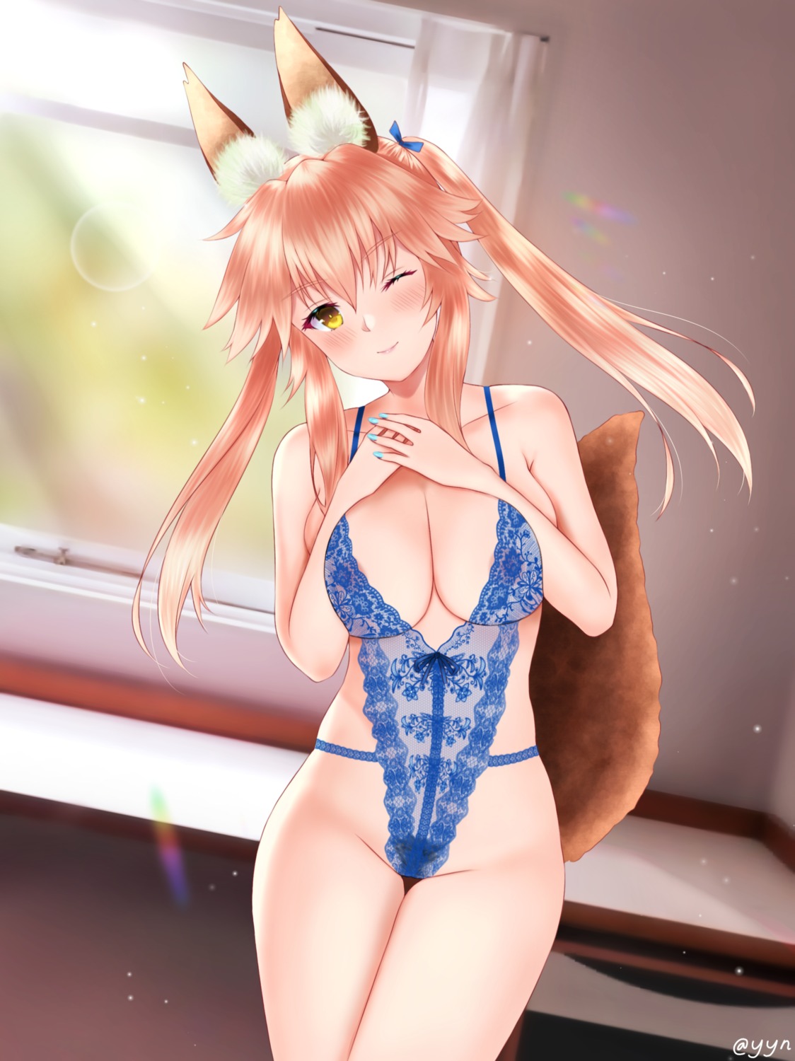 animal_ears areola fate/grand_order kitsune lingerie pubic_hair see_through tail tamamo_no_mae yayanri