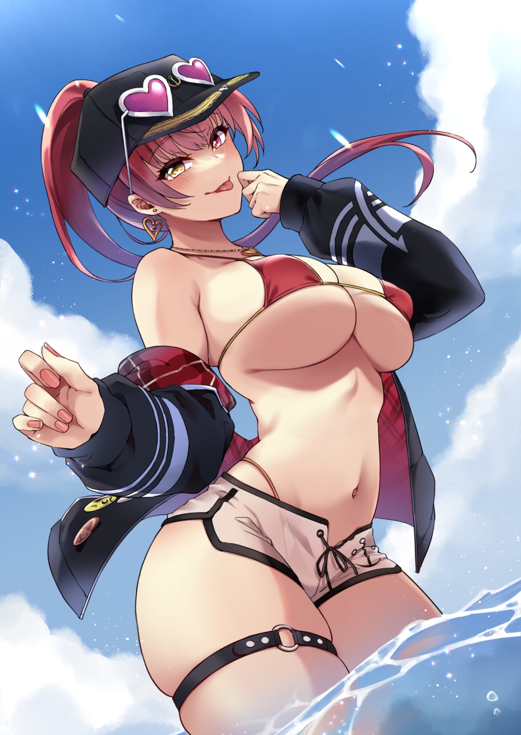 bikini erect_nipples garter heterochromia hololive houshou_marine megane mibry_(phrysm) open_shirt see_through swimsuits wet