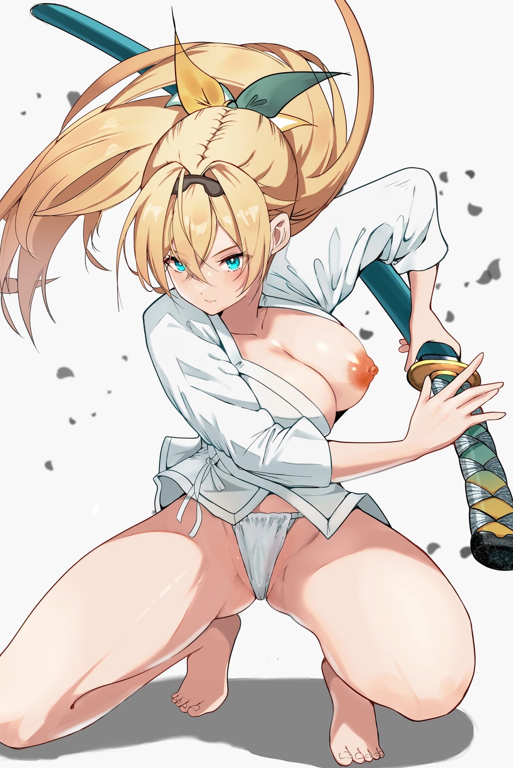 breasts fundoshi hololive japanese_clothes kazama_iroha nipples no_bra open_shirt pointy_ears sword thong tomo0843