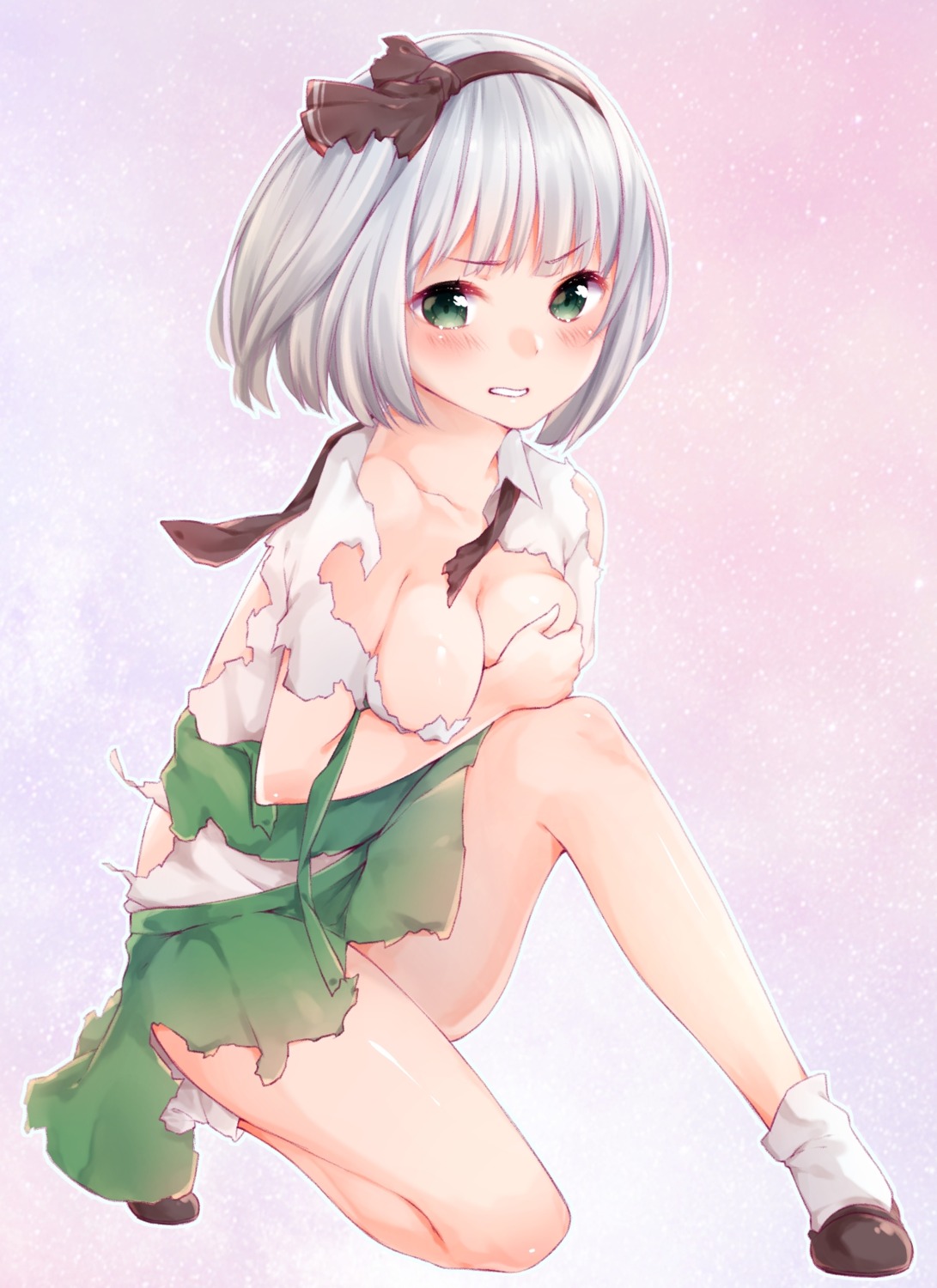 azuki_(krps-hano) breast_hold breasts konpaku_youmu no_bra torn_clothes touhou