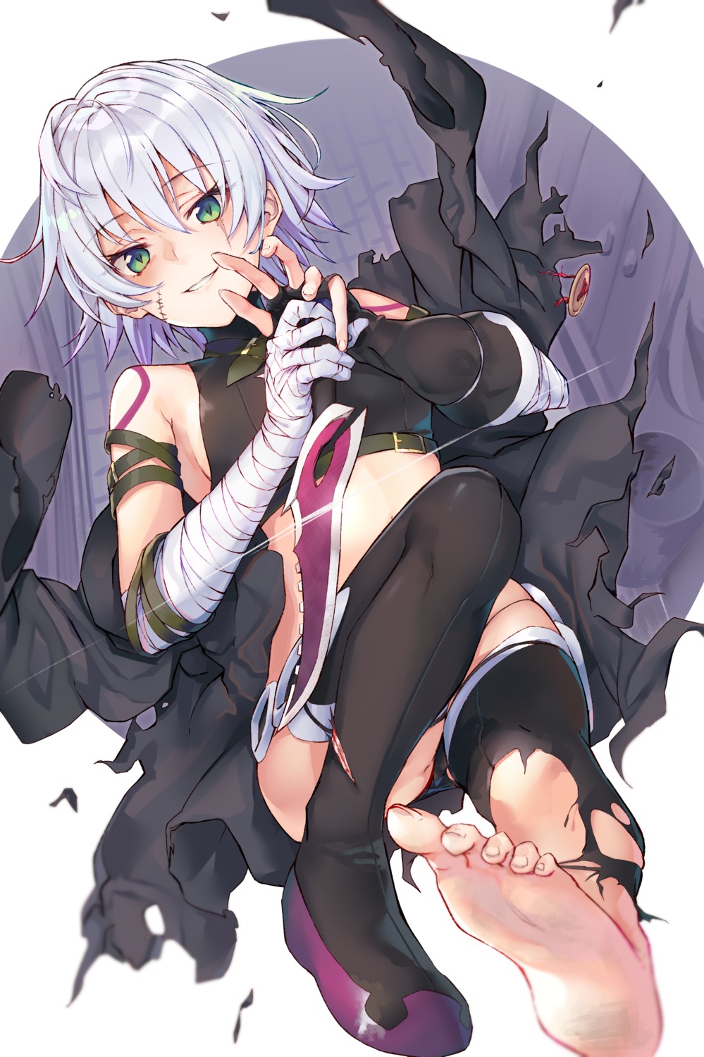 bandages black_cola fate/apocrypha fate/grand_order fate/stay_night feet jack_the_ripper tattoo thighhighs torn_clothes
