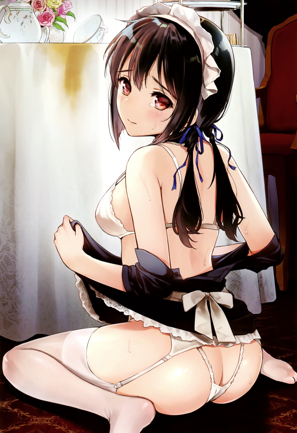 ass bra garter_belt maid open_shirt pantsu skirt_lift stockings thighhighs thong umakuchi_shouyu undressing wet