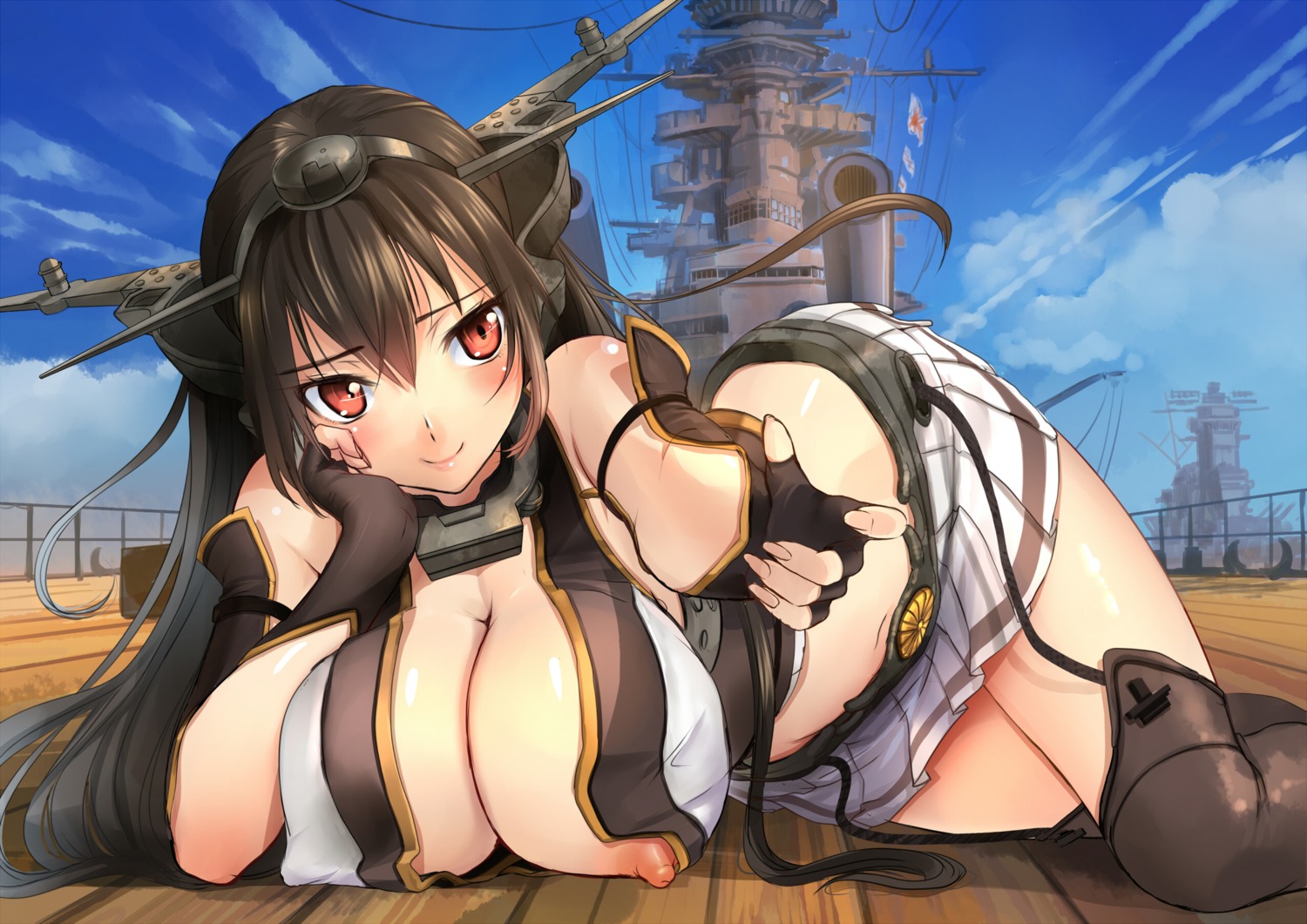 akasa_ai breasts kantai_collection nagato_(kancolle) nipples no_bra open_shirt stockings thighhighs