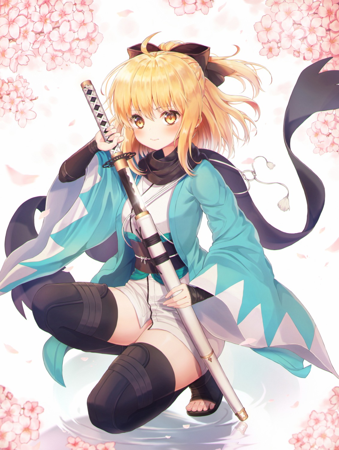 fate/grand_order foreign_blue japanese_clothes okita_souji_(fate) sword thighhighs