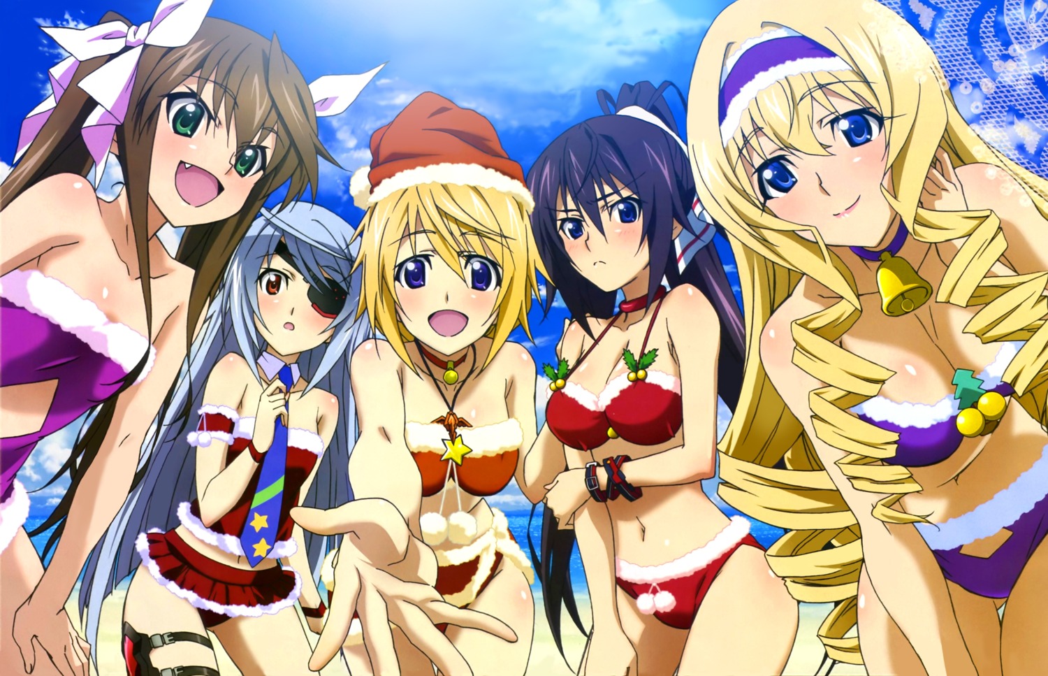 bikini cecilia_alcott charlotte_dunois christmas cleavage detexted eyepatch hashimoto_takayoshi huang_lingyin infinite_stratos laura_bodewig shinonono_houki swimsuits