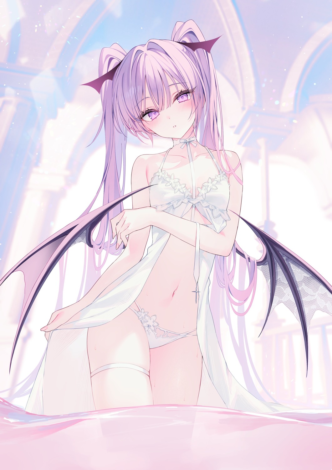 carneades eve_(rurudo) garter lingerie pantsu rurudo see_through skirt_lift wet wings